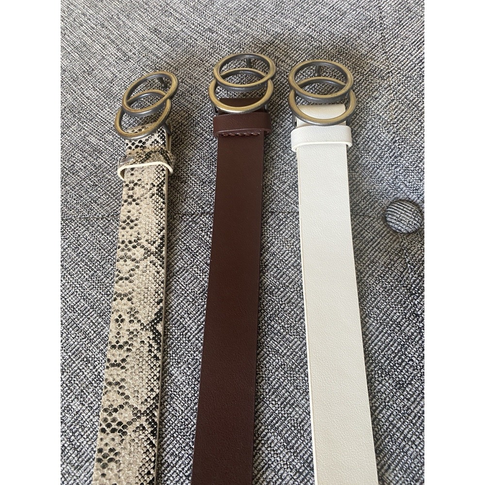 Set of 3 Double Circle Buckle‎ Belts - Snakeskin, Brown, White - Size M-L